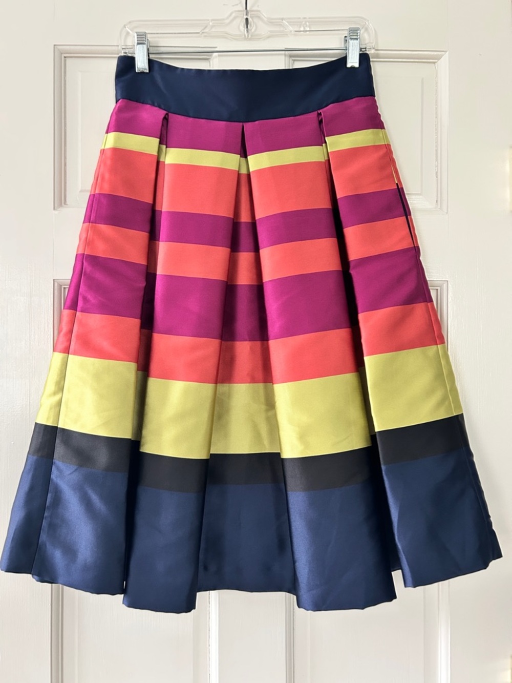 Moulinette Soeurs Striped Pleated Midi Skirt in Navy, Magenta, Coral & Lime